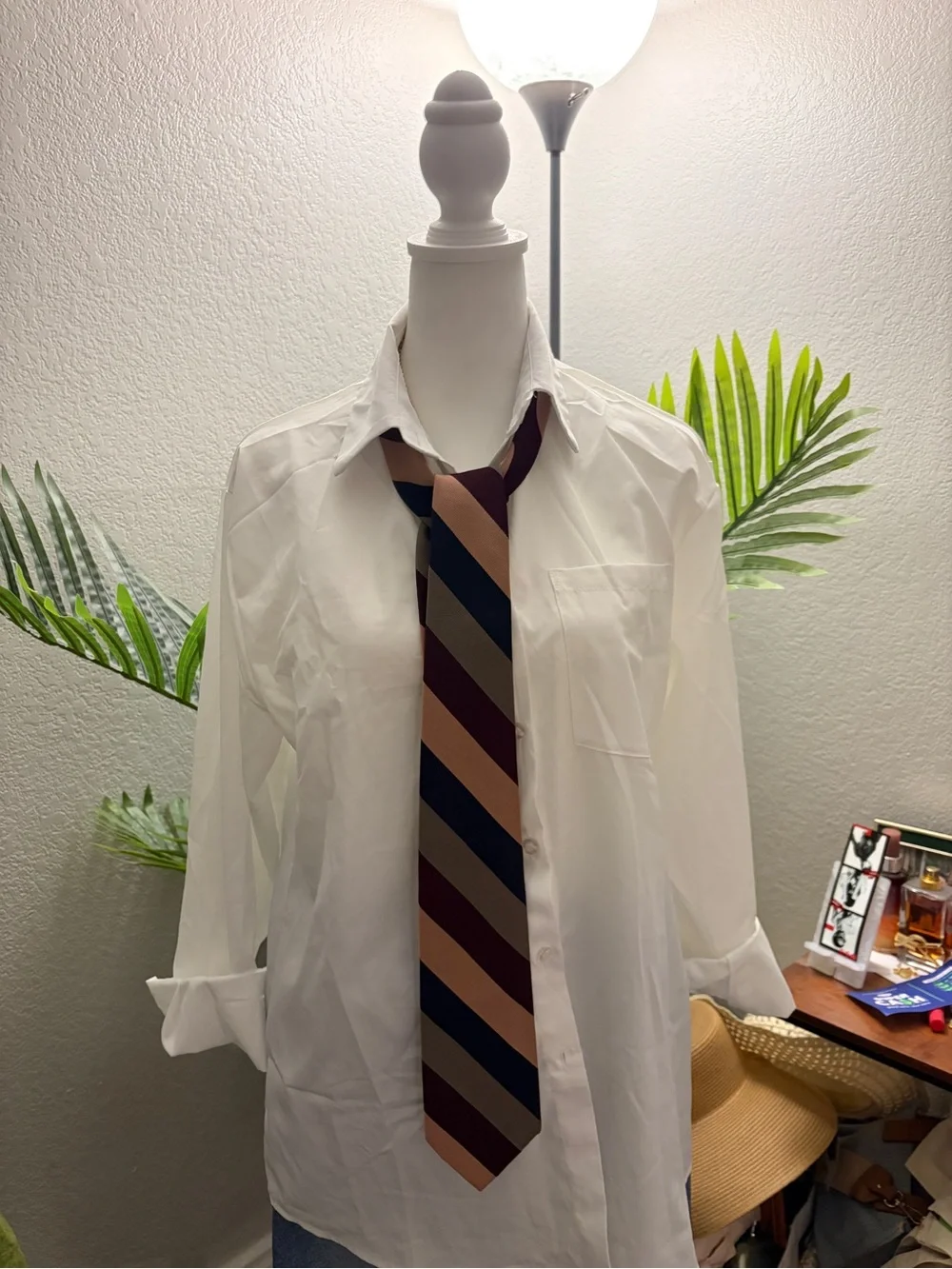 Cream, Navy & Burgundy Diagonal Stripe Silk Tie by Wearnep's